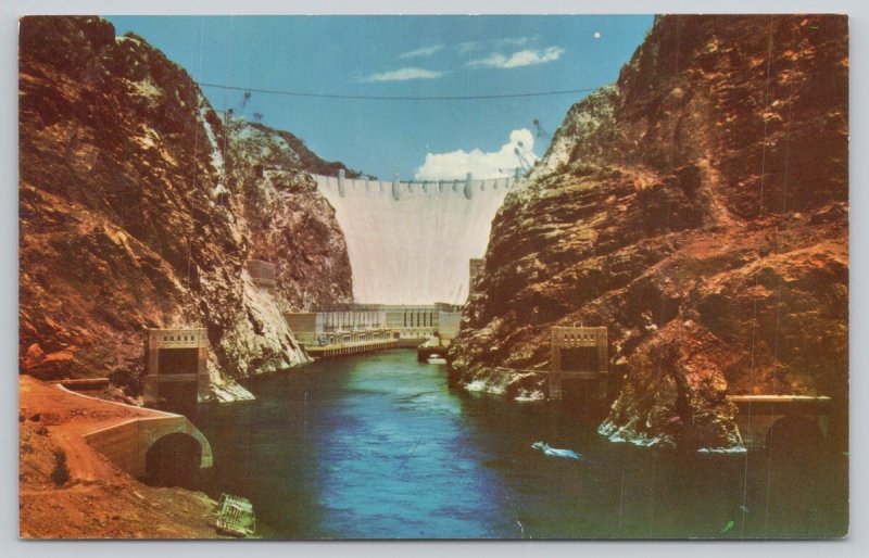 Postcard Hoover Dam Arizona AZ Canyon River Blue Sky 1950s Chrome View
