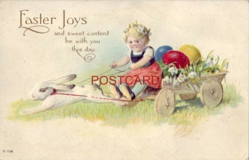 embossed EASTER JOYS and sweet content be with you this day Young girl on wagon