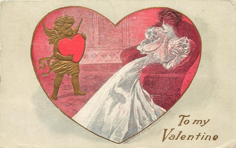 1901-1907 Embossed Valentine's Day Postcard Cupid Brings Heart to Lovely Lady