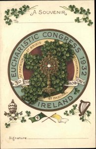 Ireland Eucharistic Congress Clovers Harp Flags c1932 Postcard
