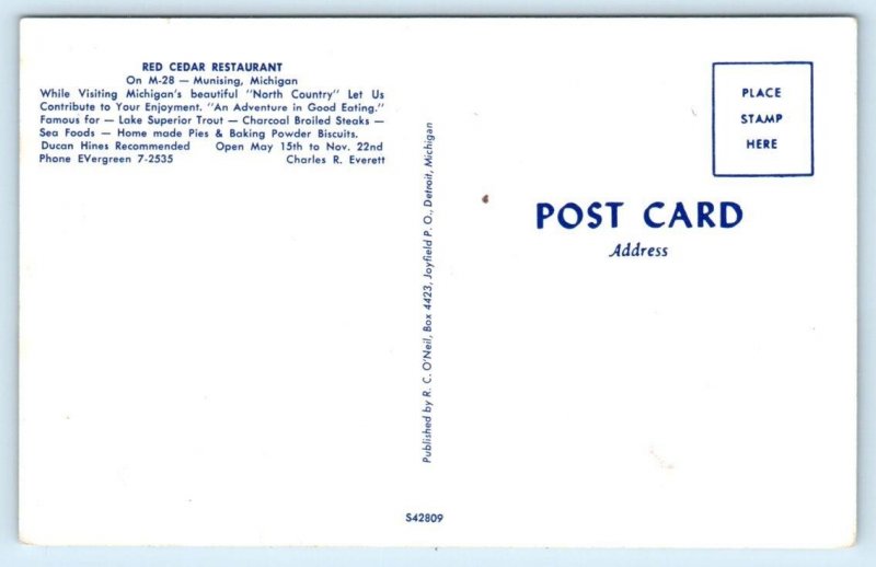 MUNISING, Michigan MI ~Roadside RED CEDAR RESTAURANT Alger County 1960s Postcard