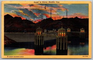 Vtg Nevada NV Sunset At Hoover Boulder Dam Linen View Postcard