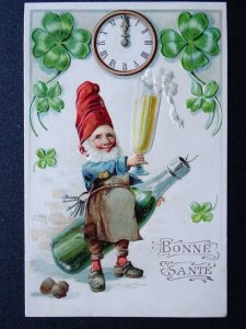 French Christmas Greetings BONNE SANTE Elf & Champagne c1905 Embossed Postcard