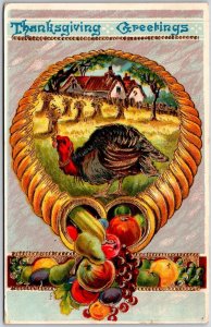 1910's Thanksgiving Greetings Turkey Fruits & Vegetable Posted Postcard