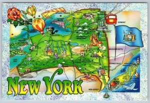 New York State Map Showing Major Routes & Points Of Interest, Chrome Postcard #1