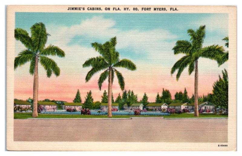1950 Jimmie's Cabins, Fort Myers, FL Postcard