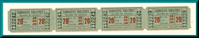 Vintage Tanimoto Movie Theatre Tickets, Kainaliu, Hawaii/HI, Classic Hawaiiana