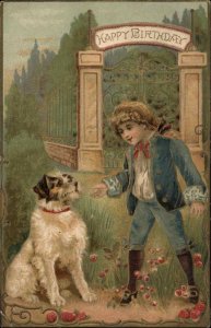 BIRTHDAY Little Boy w Handsome Collie or Terrier Dog c1910 Postcard