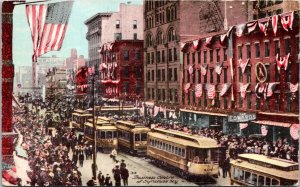 Postcard NY Syracuse Business Centre Ready for Parade Streetcars ~1910 V133