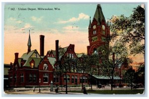 Milwaukee Wisconsin WI Postcard Union Depot Station Clock Tower 1916 Antique