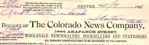 1906 THE COLORADO NEWS COMPANY DENVER CO INVOICE ROBT McINTOSH SLATER 40-111