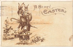 A Merry Easter Mother & Child Dressed Rabbits W/ Baskets Of Eggs PC U8892