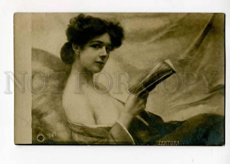 264290 NUDE Belle Woman Reading BOOK Vintage Poland postcard