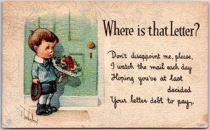 1920 C. Twelvetrees Little Boy At Door w/ Flowers Where Is That Letter? Postcard