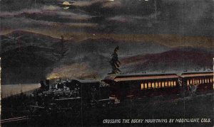 Railroad Train Crossing Rocky Mountains Moonlight Colorado 1910c postcard