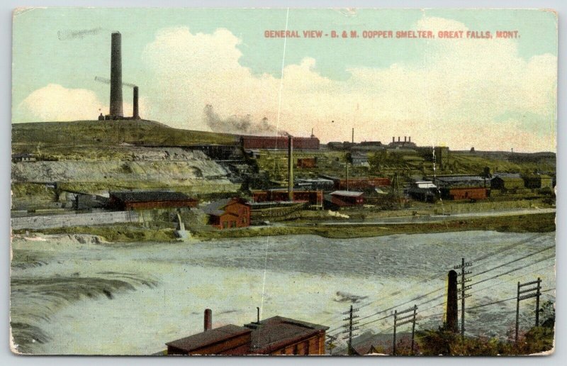 Great Falls Montana~B&M Copper Smelter Across River~Mine~Smoke Stacks~1913 