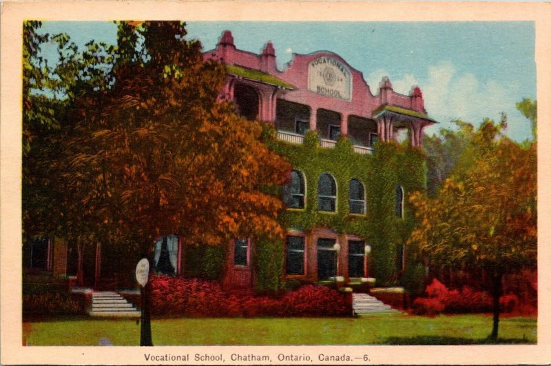 Vocational School Chatham Ontario Canada Fall Scene WB Postcard UNP 1c Stamps 