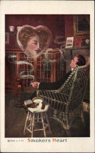 Fantasy Smokers Heart Man Sees Beautiful Woman in Smoke Rings Smoking c1910 PC