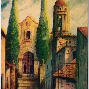 c1930s Saint-Sauveur, France Church Tower Cypress Trees Cobblestone Street A344