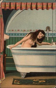 Art Deco - Nude Woman Bathing Bathtub Bath c1910 Postcard