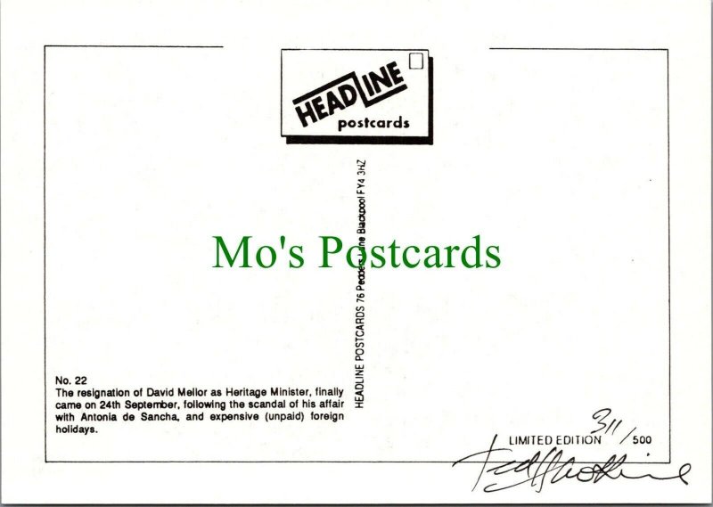 Headline Postcard - The Resignation of David Mellor as Heritage Minister RR10433