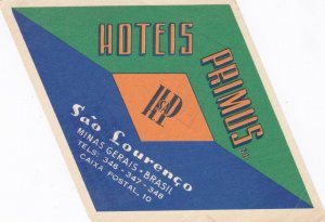 Brasil Sao Lourenco Hotels Primus Vintage Luggage Label sk2852