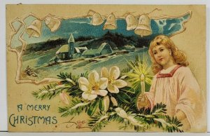 Christmas Greeting Girl Scenic Bells & Flowers c1909 to Hudson Mass Postcard O13