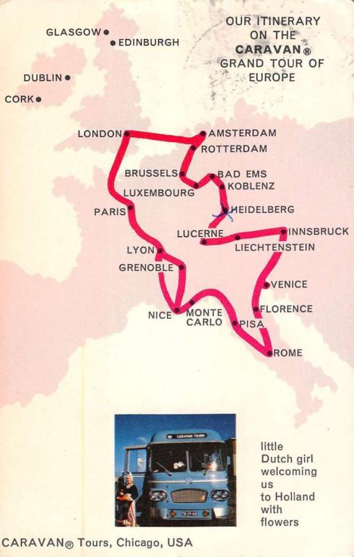 Map Of Europe Caravan Tour Route Vintage Postcard K86915