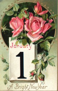 Vintage Postcard 1910 A Bright New Year Greetings January 1 Pink Roses Flowers