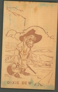 DIXIE DEW-MOUNTAIN COUNTRY MAN-JUG-GUN-DIXIE NOVELTY ASHEVILLE NC~WOOD POSTCARD