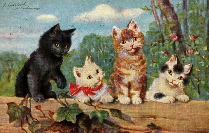 C.1907 Sophie Sperlich Adorable Cats Kitten Moon German Postcard F82