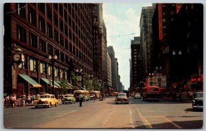 Chicago Illinois 1957 Postcard Taxi Busses Theatre Cars State Street