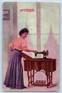 The Free Postcard Woman With Sewing Machine Advertising c1910's Unposted Antique