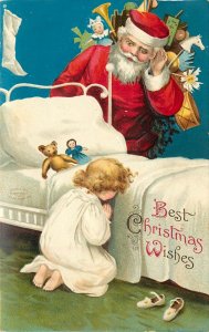 Christmas Embossed Postcard Clapsaddle Santa Watches Little Girl Pray Teddy Bear