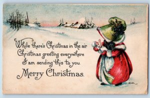 Signed Artist Postcard Christmas Little Girl With Doll Winter Scene Embossed