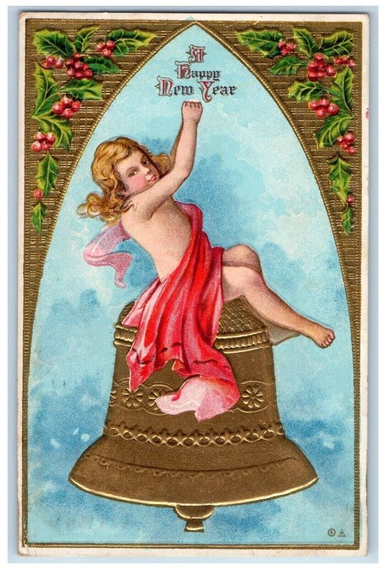 Dekalb IL Postcard New Year Angel On Top Of Giant Bell Holly Berries Nash 1911