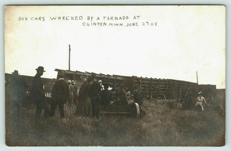 Clinton Minnesota~Railroad Box Cars Overturned~Wrecked by Tornado~1908 RPPC 