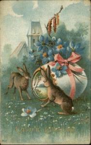 Easter Rabbits Eggs Flowers Bow Gilt Embossed c1910 Postcard