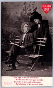 K50/ Leap Year 1908 Holiday Postcard Man Woman Love Park Bench 36