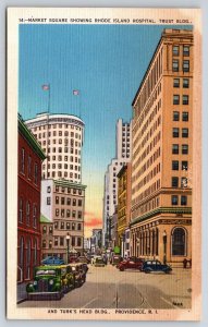 Providence Rhode Island~Market Sq St View~Trust Bldg~Cars~Flags~Linen Postcard