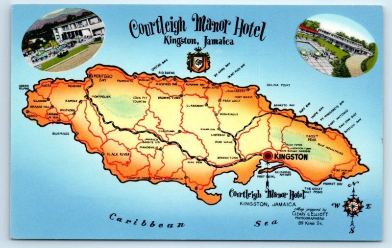 KINGSTON, JAMAICA Illustrated Map COURTLEIGH MANOR HOTEL 1950s60s Postcard Latin & South