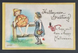 Vintage Halloween Girl & Boy with Pumpkin Illustrated Color Picture Postcard