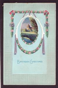 Birthday Greetings roses & scenery used c1912