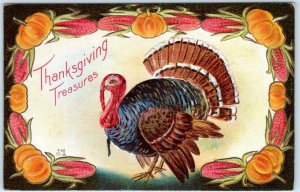 THANKSGIVING TREASURES  Embossed TURKEY ~ Pumpkin & Corn Border 1912  Postcard