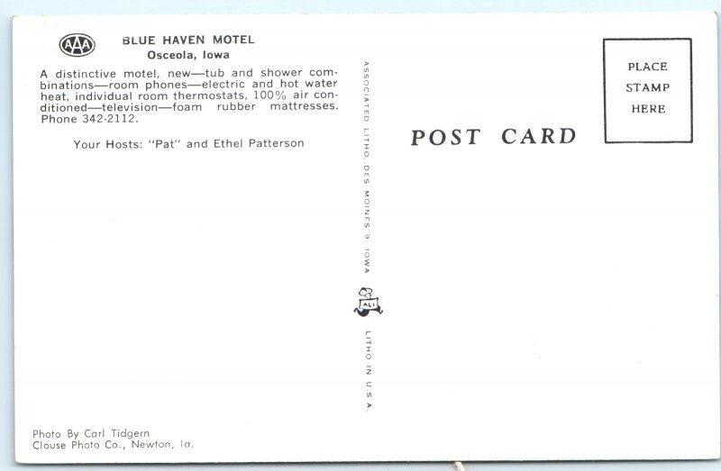 c1960s Blue Haven Motel Osceola, Iowa Postcard AAA Roadside Office Rooms A374