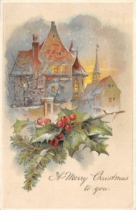A MERRY CHRISTMAS Holly Leaves Embossed Holiday Postcard ca 1910s