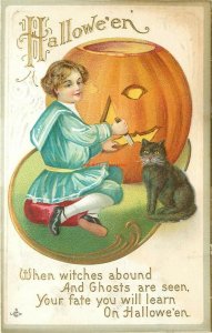 Halloween, Little Girl carving JOL, Black Cat, Stecher No. 226 D