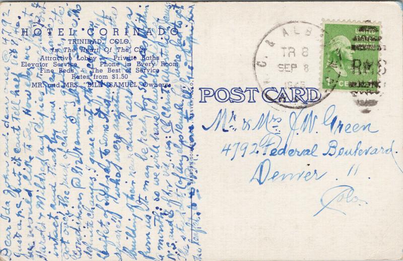 Hotel Corinado Trinidad CO Coloradov1946 RPO Postcard E40