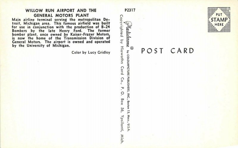 Detroit Michigan 1950s Postcard Willow Run Airport and General Motors Plant