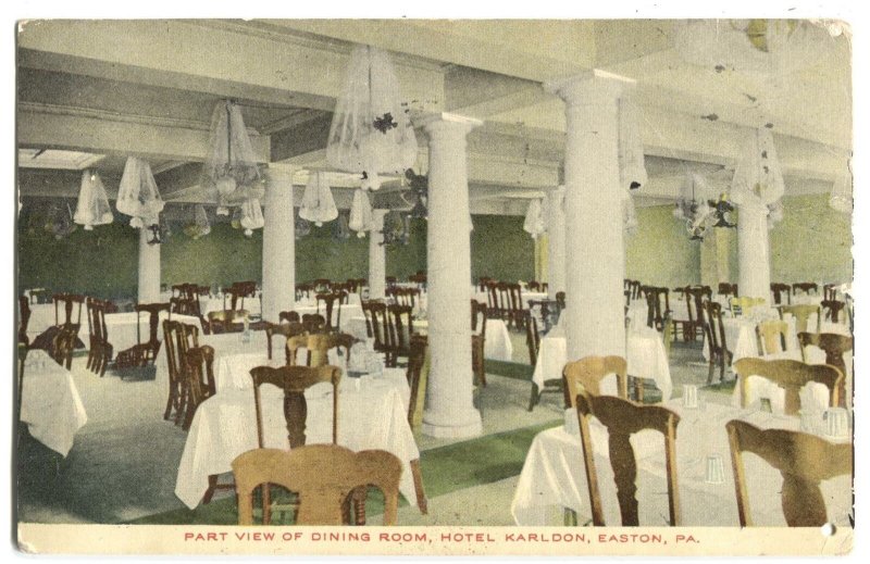 Postcard Part View Dining Room Hotel Karldon Easton PA